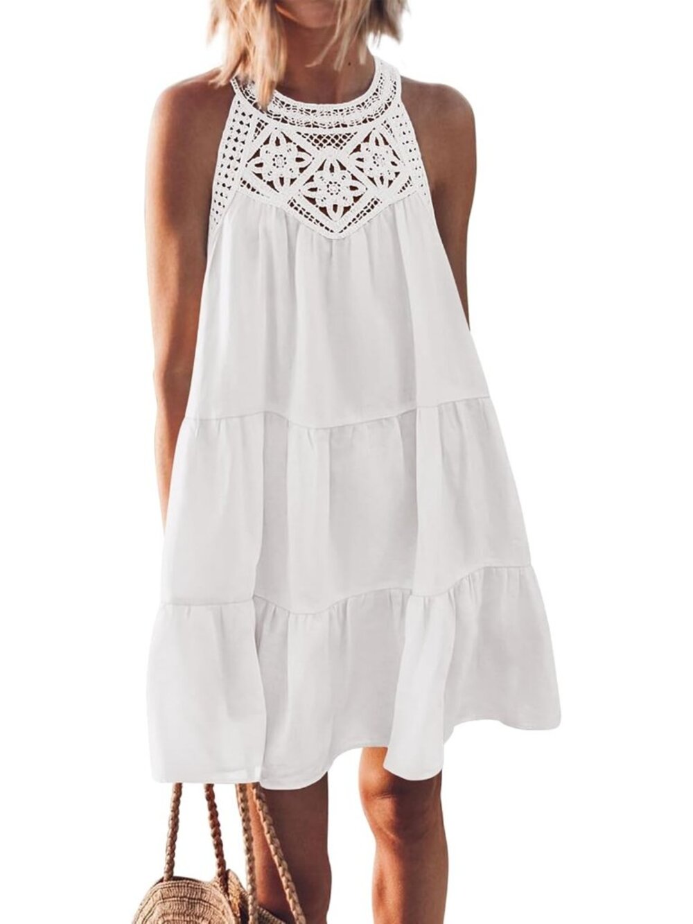 Women's White Spring Boho Fashion Halter Neck Sleeveless Loose A-Line Mini Beach
